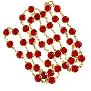 VTG Open Bezel Austrian Ruby Red Crystal Necklace Gold Plated Regal Strand 30"